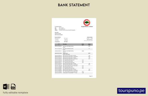 listo para imprimir plantilla de Excel de extracto bancario de Bangladesh Rupali